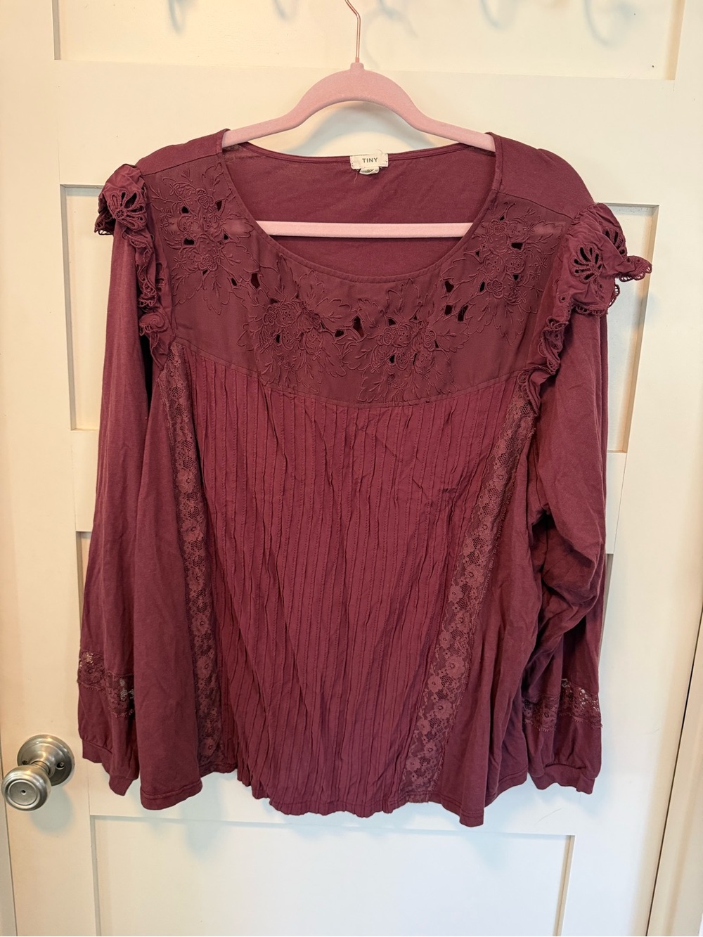 Anthropologie Women's Embroidered Lace-Trim Long Sleeve Top in Plum